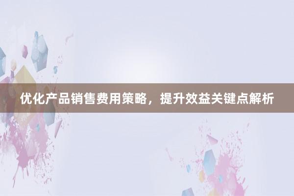 优化产品销售费用策略，提升效益关键点解析